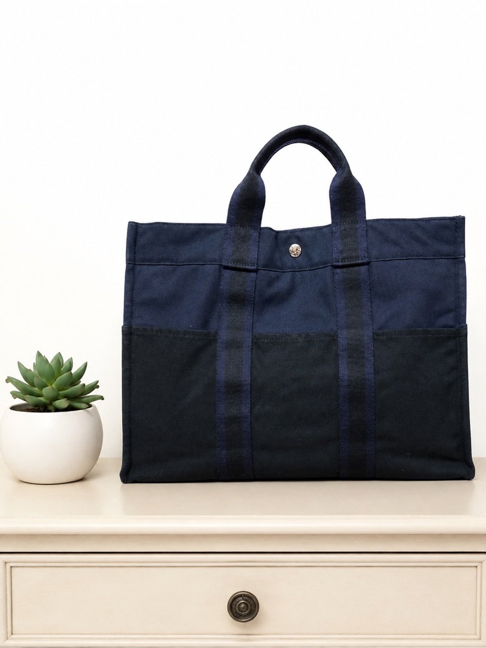 Hermès Toile Fourre-Tout Blue Canvas Tote MM Medium
